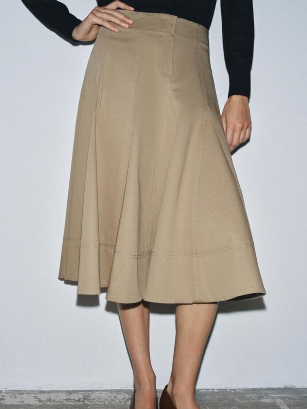 Zara ZW Collection Trench Midi Skirt Light Whiskey Pleated Hem Cotton Large NWT - Picture 5 of 13